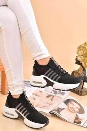 Kadın Siyah / Beyaz / Gri Yüksek Topuklu Triko Sneaker Spor Ayakkabı ODS1137