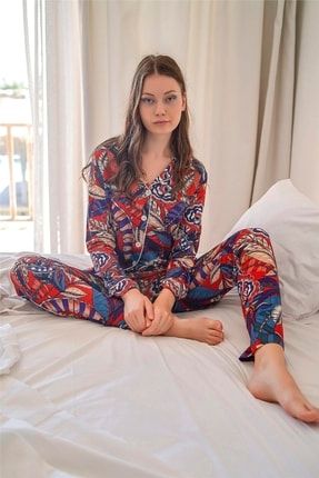 Kadın Desenli Düğmeli Pijama Takımı 10003 JBR10003.00001