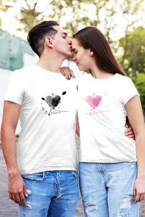 Kalp Şeklinde Parmak Izi Baskılı Sevgili Çift Kombin Tişört (2li) SVGLI-TSRTLR2-12