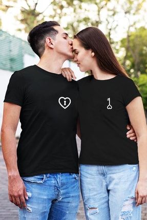 Kalp Ve Anahtar Baskılı Sevgili Çift Kombin Siyah Tişört (2li) SVGLISYH-TSRTLR2-13