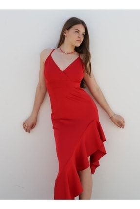 Kırmızı Renk Askılı Etek Ucu Volanlı Uzun Abiye Mezuniyet Elbisesi 581708 090 dddnm-EMR-090
