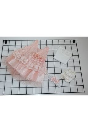Ponpon Baby O-6 Ay Kız Bebek Dantelli Çiçekli 4lü Mevlüt Takım Set Mevlüt Kıyafeti Somon (KUTUSUZ) byzbykds0017