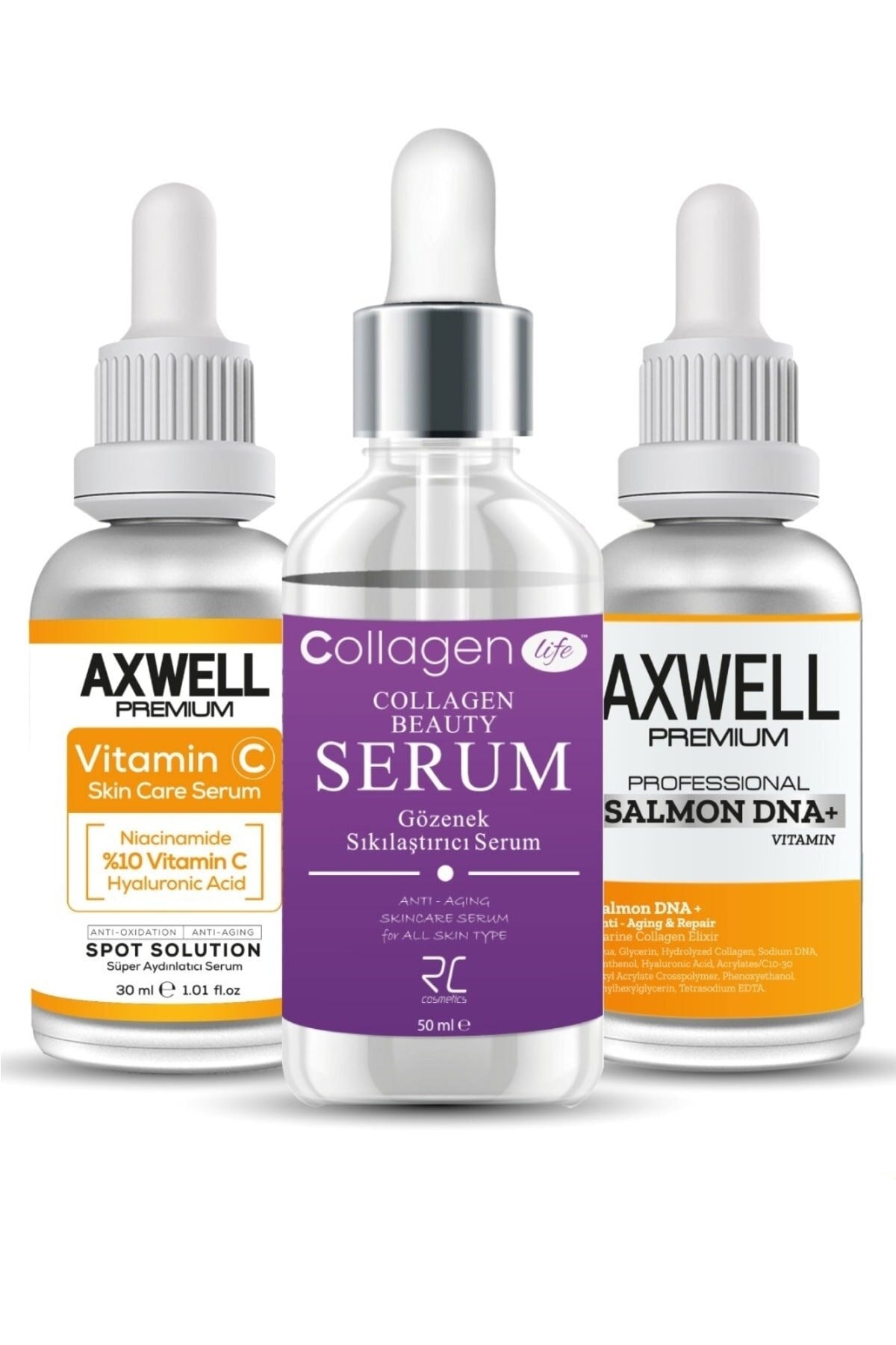AXWELL PREMIUM Vitamin C Serum, Kolajen Gözenek Sıkılaştırıcı Serum, Yaşlanma Karşıtı Somon Dna+ Serum 3'lü Fırsat