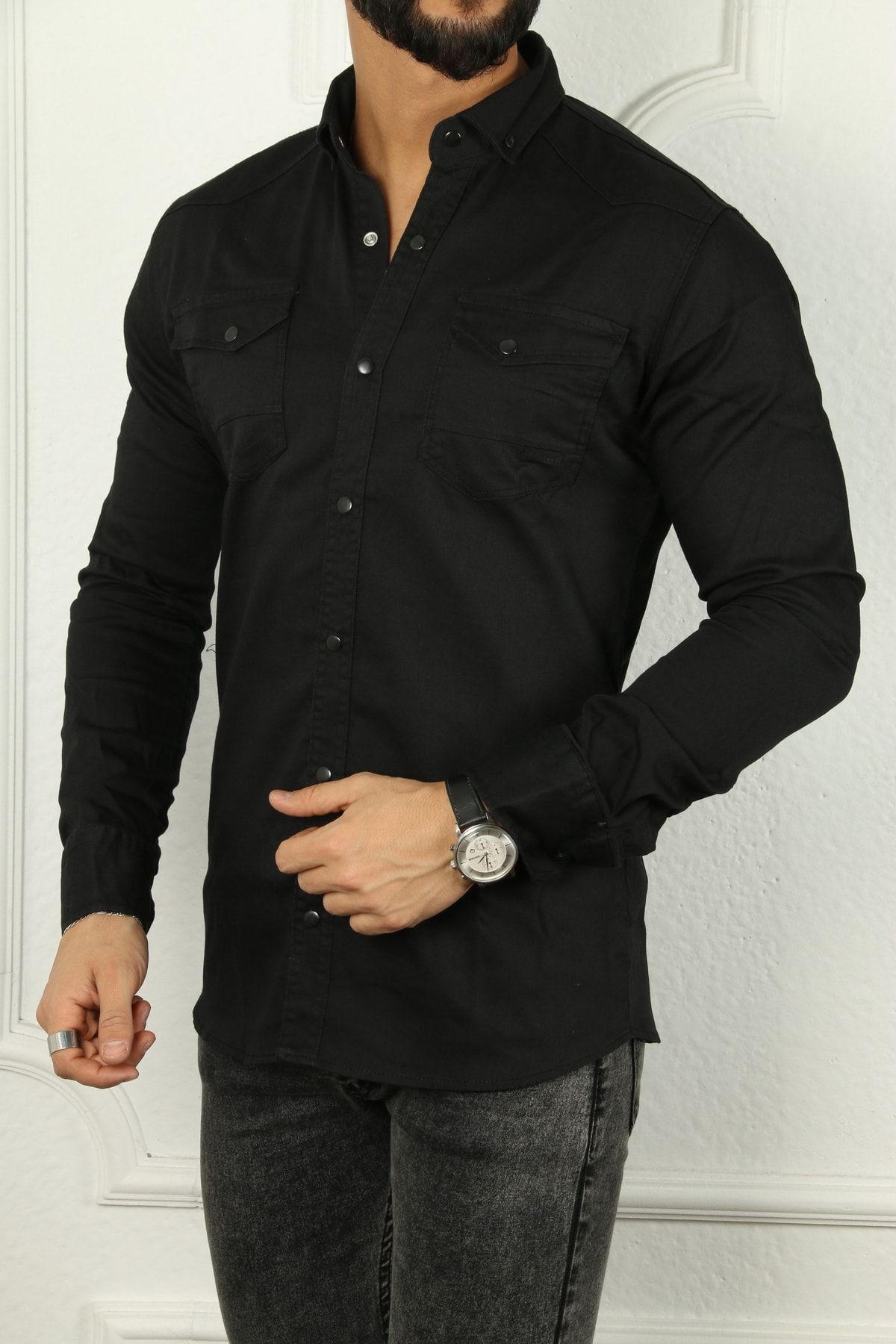 çerme-Cămașă din denim pentru bărbați, neagră 2