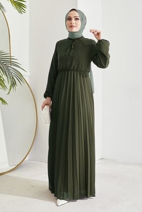 Piliseli Limelda Şifon Tesettür Elbise - Haki MS00ANT5035