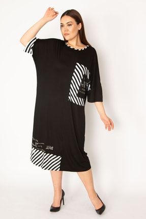 Kadın Siyah Taş Detaylı Çizgi Garnili Elbise 65N33095