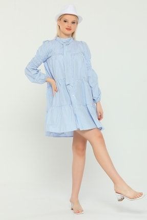 Mavi Kadın Çizgili Eteği Katlı Salaş Mini Elbise P-036703