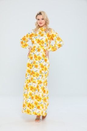 Sarı Beyaz Çiçek Desenli Yazlık Elbise CDYE001