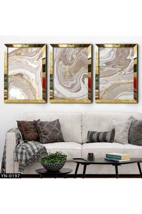 Kahverengi - Gold Sanatsal Desenler - Gold Ayna Çerçeveli Tablo 3'lü Set-hyn-0197 HYN-0197