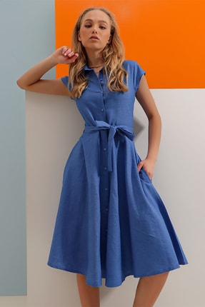 Kadın Havacı Mavi Kolsuz Dokuma Gömlek Elbise ALC-X6056