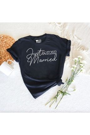 Just Married Tarih Yazılı Pamuklu Unisex Tshirt JUM01