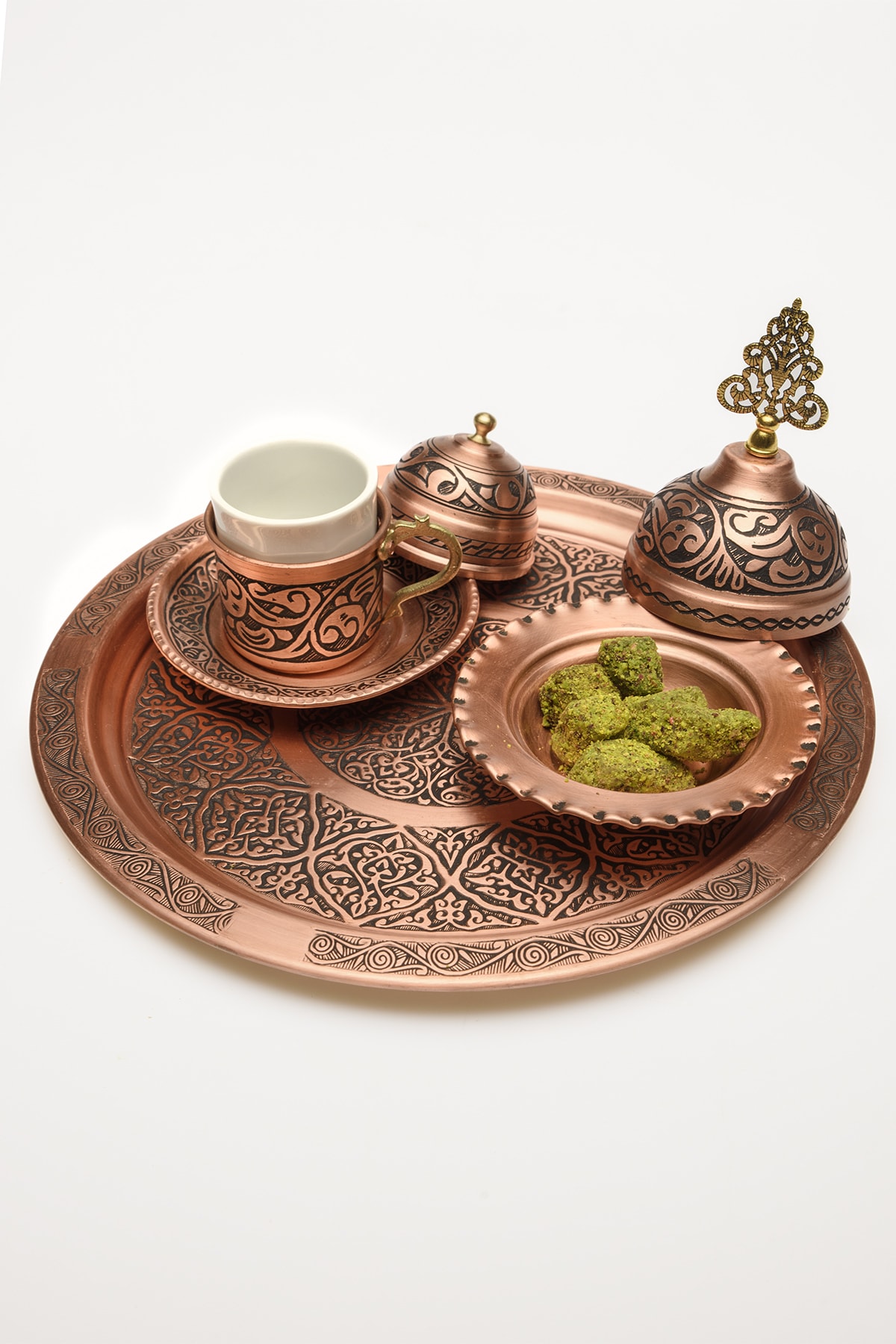 Gaziantep Copper Complete Hand Embroidery 1st Class Single Turkish Coffee Cup Set with 25 cm Tray