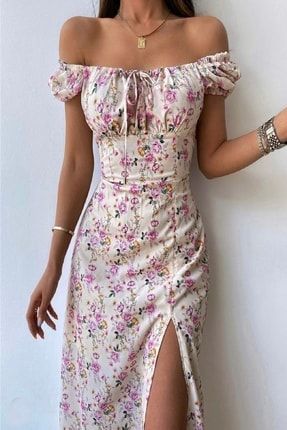 Kadın Çiçek Desenli Yırtmaçlı Astarlı Elbise mixçiçeklielbise