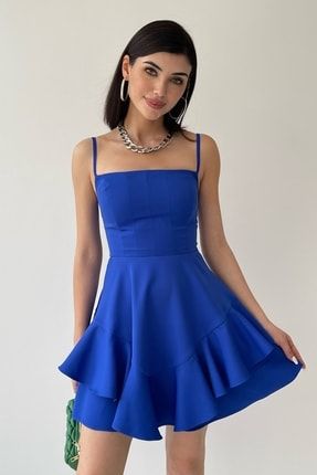 Ayarlanabilir Ince Askılı Eteği Kat Detaylı Mavi Abiye Elbise & Mavi Mezuniyet Elbisesi 102 4S1B-ETC-102