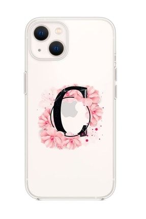 Iphone 13 Uyumlu Pembe Çiçek Desen C Harfli Premium Şeffaf Silikon Kılıf 13klıf