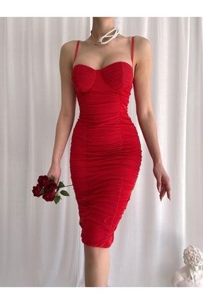 Ince Askılı Full Drapeli Holi Elbise 6037 - Kırmızı T3872