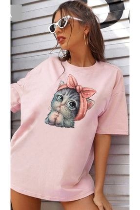 Giyim Kedi Baskılı Oversize Kadın Tshirt ELF02