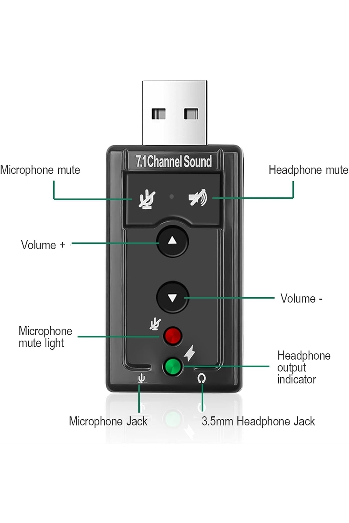 Usb Ses Kartı Virtual Sound Tak Kullan Kulaklık Mikrofon Çıkışı 7.1 Channel Harici Ses Kartı 6