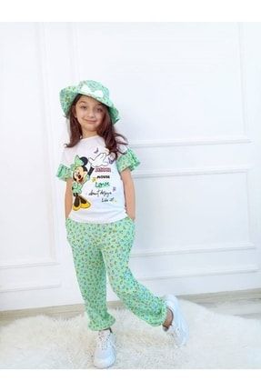 Kız Çocuk Çiçek Baskılı 3'lü Tisört - Pantalon Şapka Takımı Yeşil NİSA1106