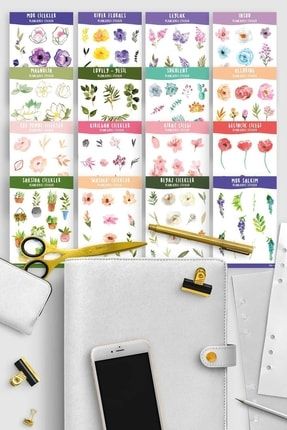 Çiçek Temalı Sticker, Büyük Set 16 Adet, Planlayıcı, Laptop Sticker BP1