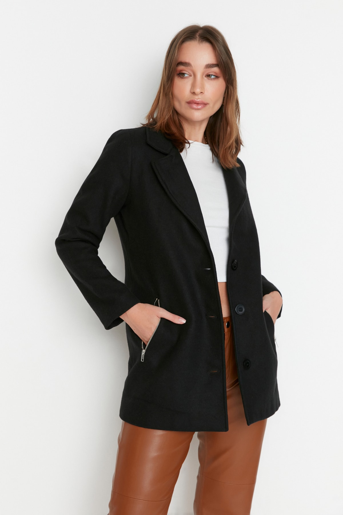 Trendyol Collection Mantel Schwarz Zweireihig Fast ausverkauft