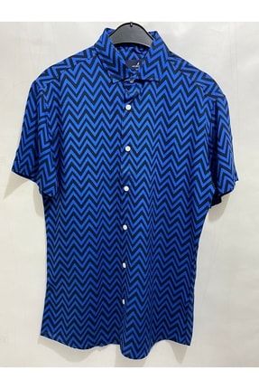 Erkek Mavi Yakalı Viscon Desenli Yazlık Trend Kısa Kol Gömlek BGT0204211185