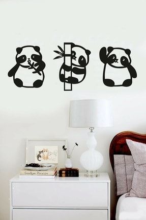 Panda 3 Parça Siyah Ahşap Lazer Kesim Duvar Dekorasyon lazerkesimpandayeni