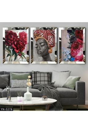 Zenci Kadın Portresi - Kırmızı Güller - Gümüş Ayna Çerçeveli Tablo 3'lü Set HYN-0278