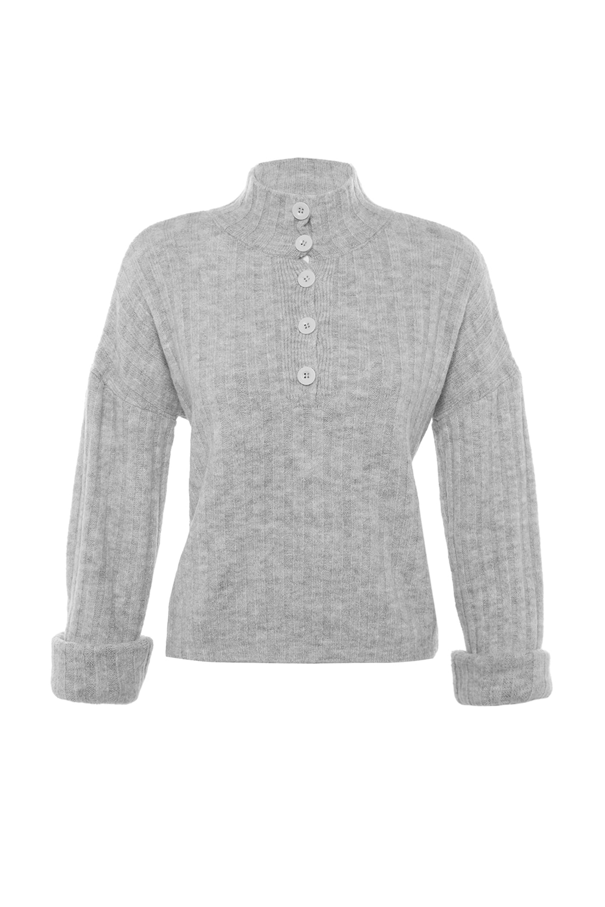 Trendyolmilla  Gri Geniş Kalıp Yumuşak Dokulu Dik Yaka Triko Kazak TWOAW21KZ0783 - Görsel 6