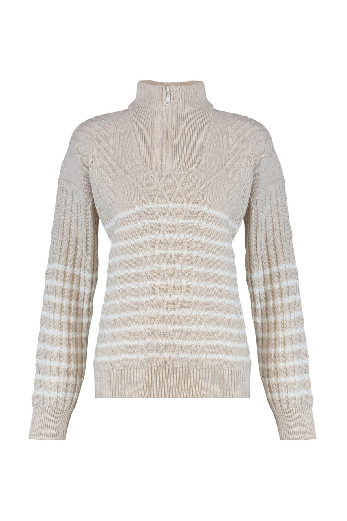 Trendyol Collection-Großer beigefarbener Strickpullover – Reißverschluss, TWOAW22KZ0020 7