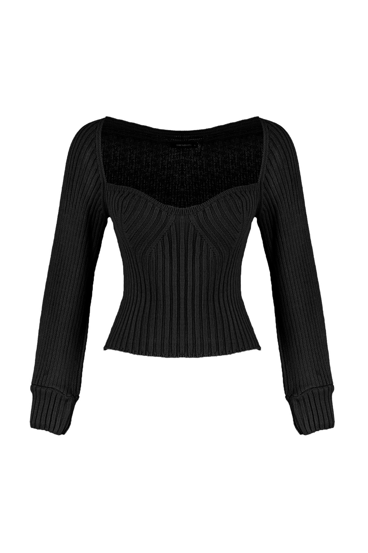 Trendyol Collection-Schwarzer kurzer Strickpullover mit Herzkragen TWOAW22KZ1760 7