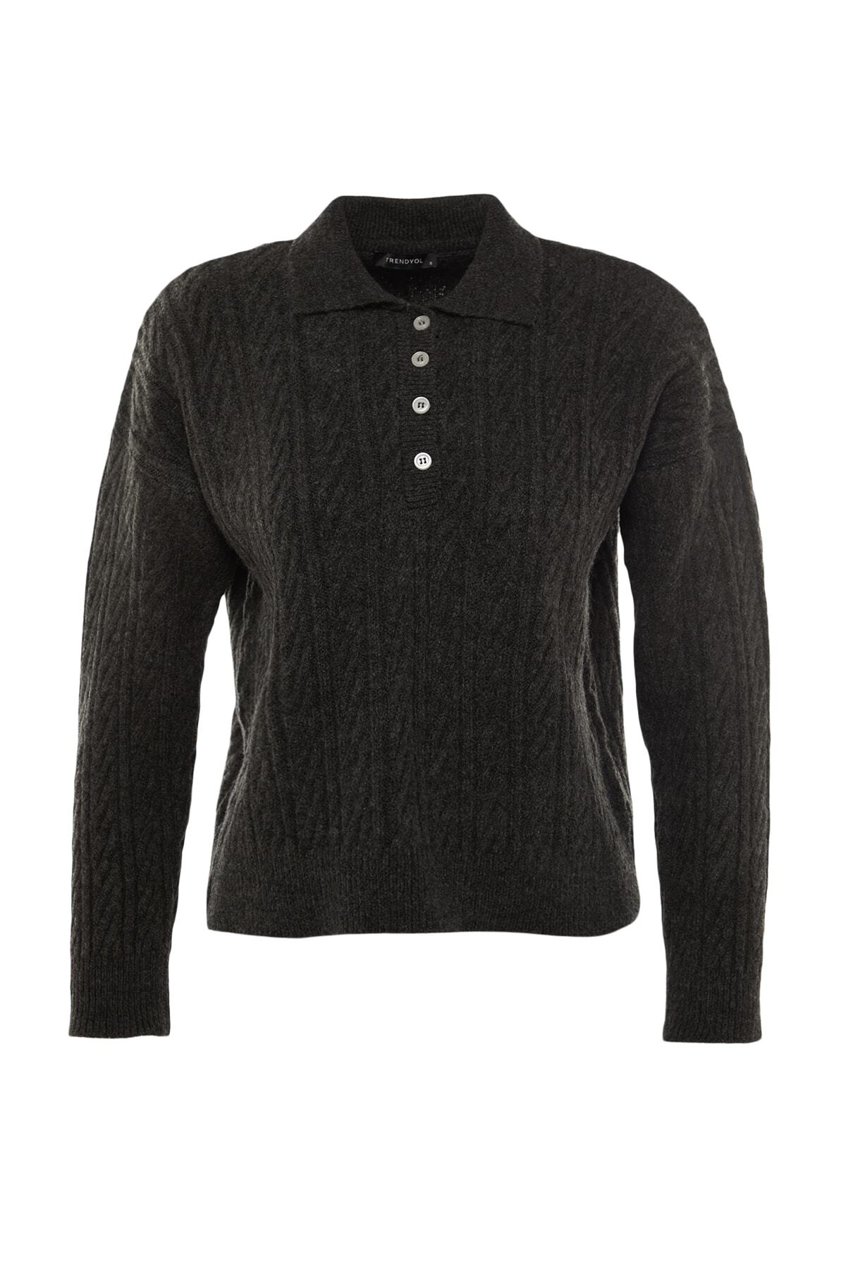 Trendyol Collection-Pulover din tricotaje cu textura moale, antracit, cu ajustare largă TWOAW21KZ2635 6