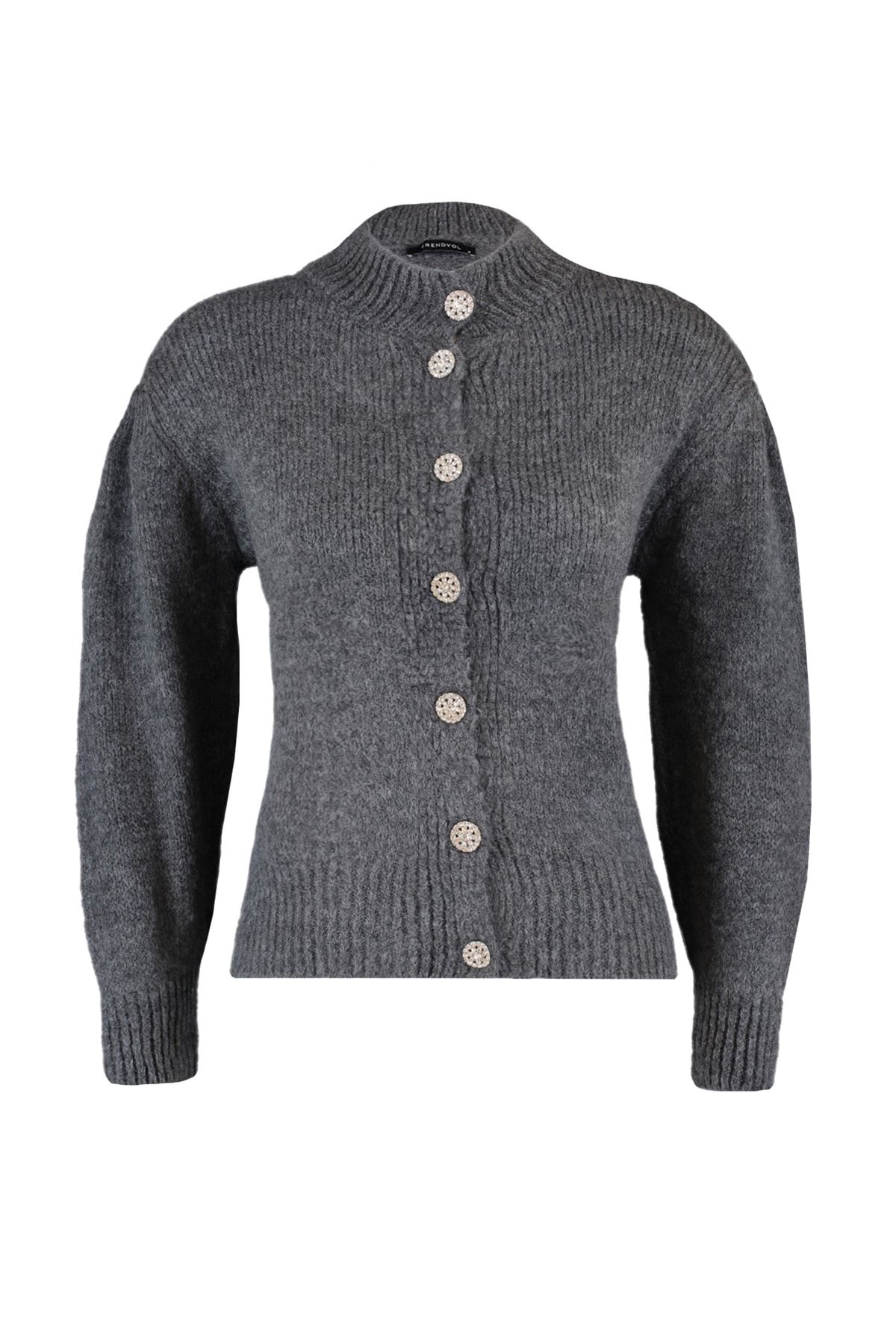 Trendyol Collection-Cardigan din tricotaje antracit cu nasturi bijuterie - textura moale TWOAW21HI0034 12
