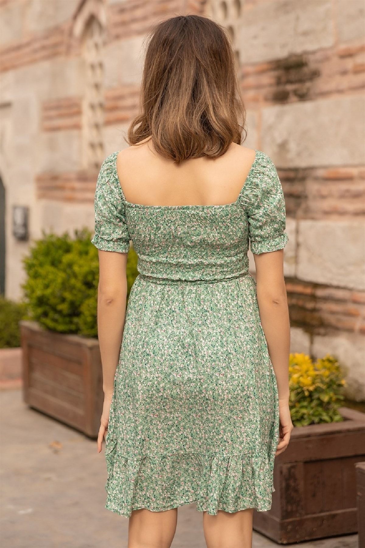 lovebox Floral Patterned Viscose Fabric Gimped Green Dress with