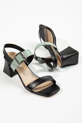 Kadın Siyah Yeşil Mix Kalın Topuklu Günlük Sandalet S22YK0009