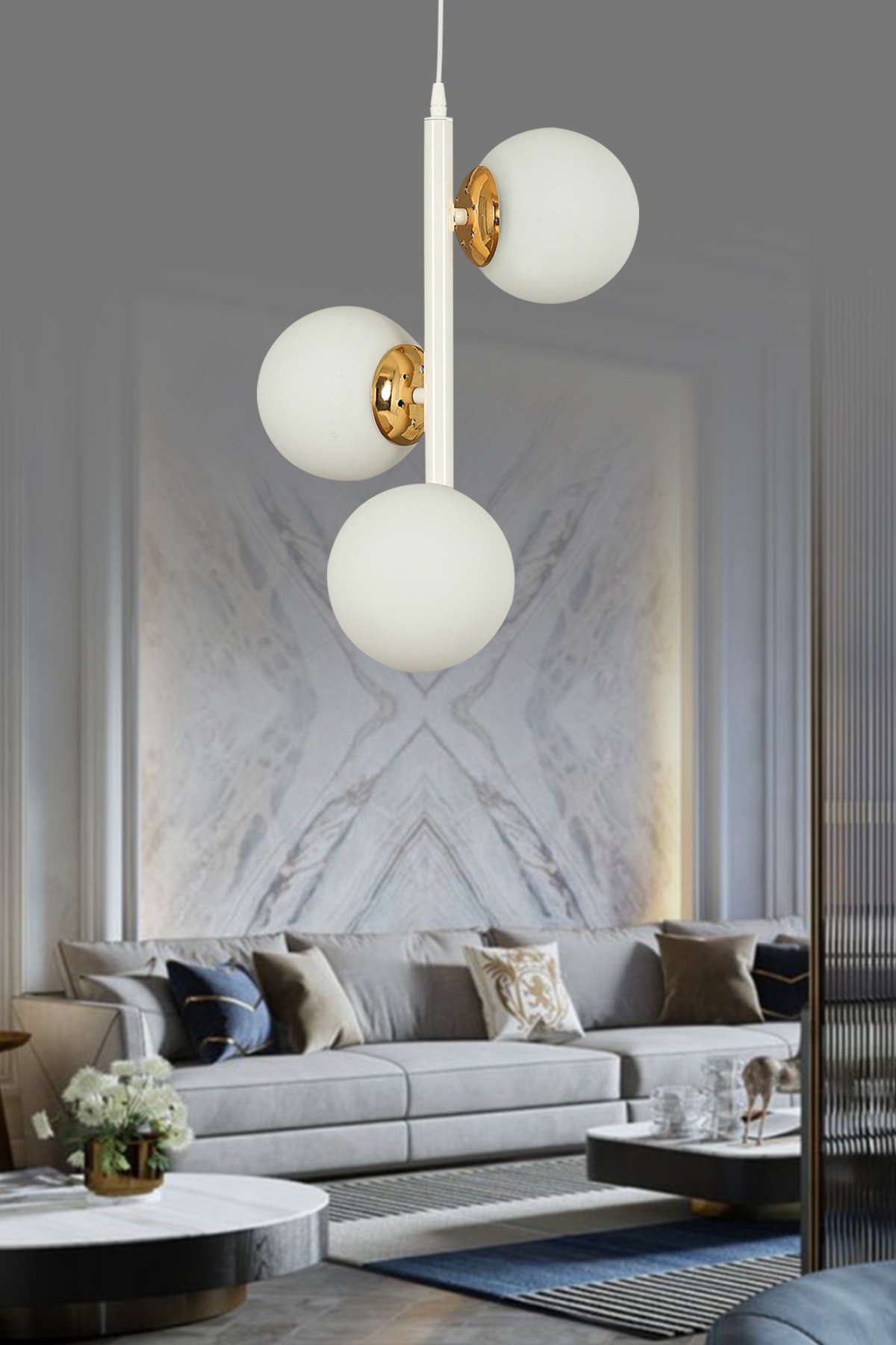 Modern White 3-Piece White Globe Glass Chandelier
