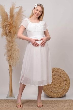 Kadın Hamile Beyaz Carmen Yaka Şifon Kuşaklı Elbise 7000