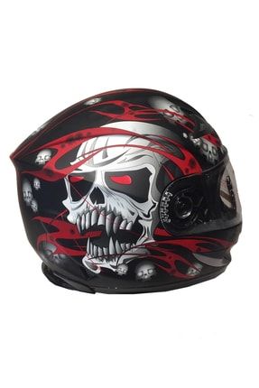 Ff 816 Skull Red Çeneli Full Kapalı Siyah Motosiklet Kaskı - Siyah Vizör FF816-SKL