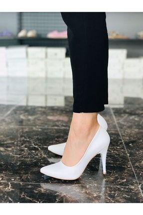 Beyaz Renk Baskılı Basic Stiletto Kadın Klasik Topuklu Ayakkabı TYC00462380609