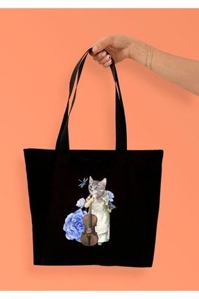 Kemancı Kedi Baskılı Körüklü Siyah Tote Bag BTGHMÇNT70