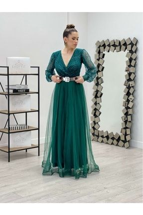 Kruvaze Yaka Simli Kumaş Elbise - Zümrüt Yeşil GYM-38950