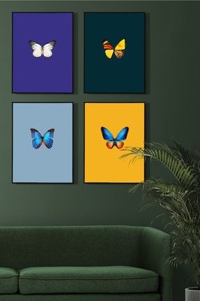 4'lü Kelebek Temalı Renkli Dekoratif Siyah Çerçeveli Poster Baskı Tablo Seti TYC00462468493