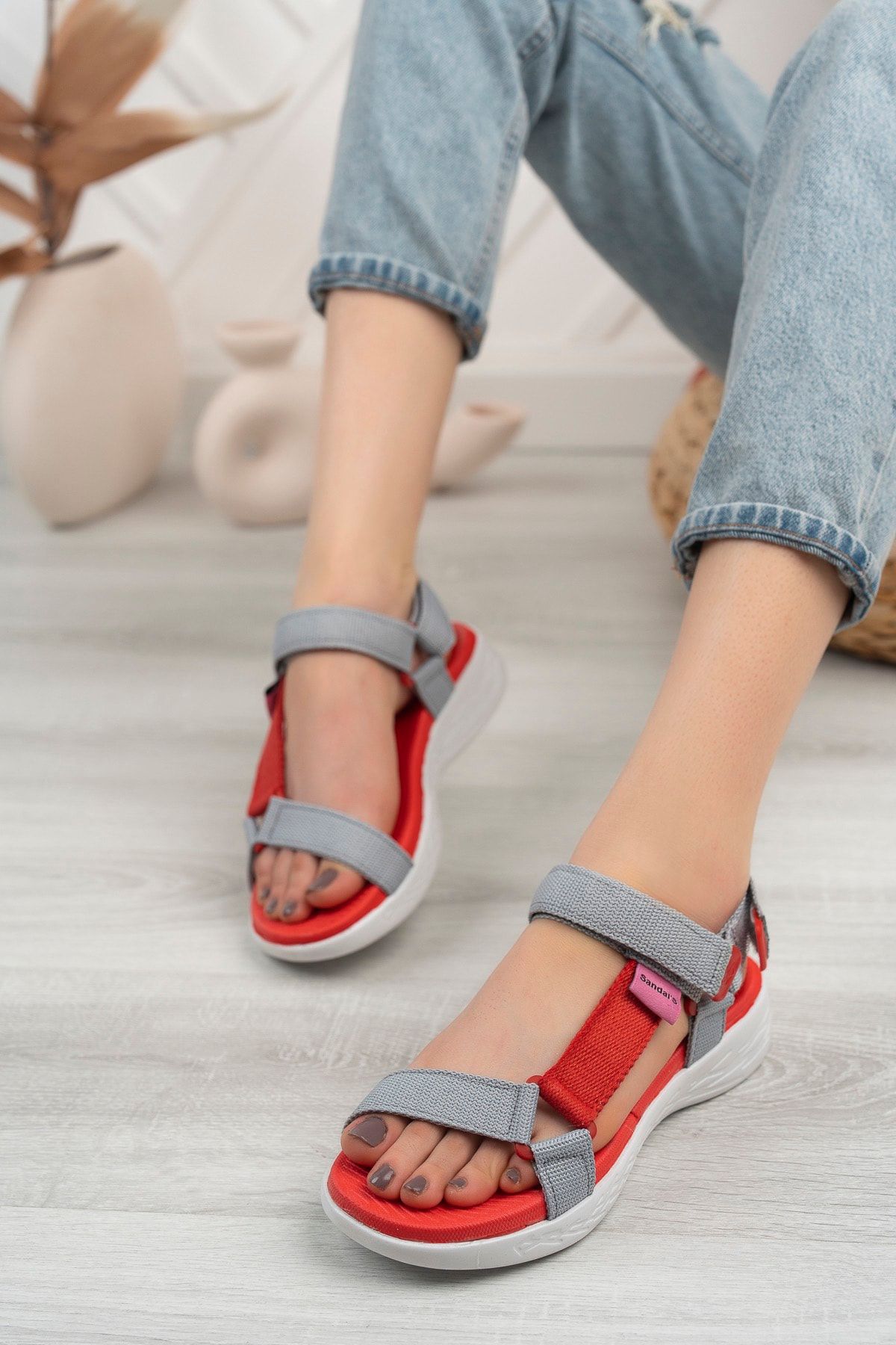 owwox club Scarlett women gray red Velcro Sports Sandals Trendyol