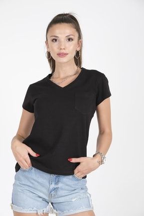 Kadın V Yaka Pamuklu Cepli T-shirt Siyah 22sw356 22SW356