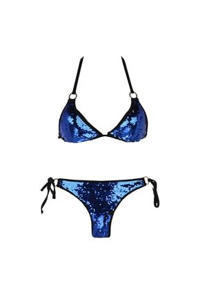 Siyah Mavi Payetli Üçgen Bikini Takımı ZI000306