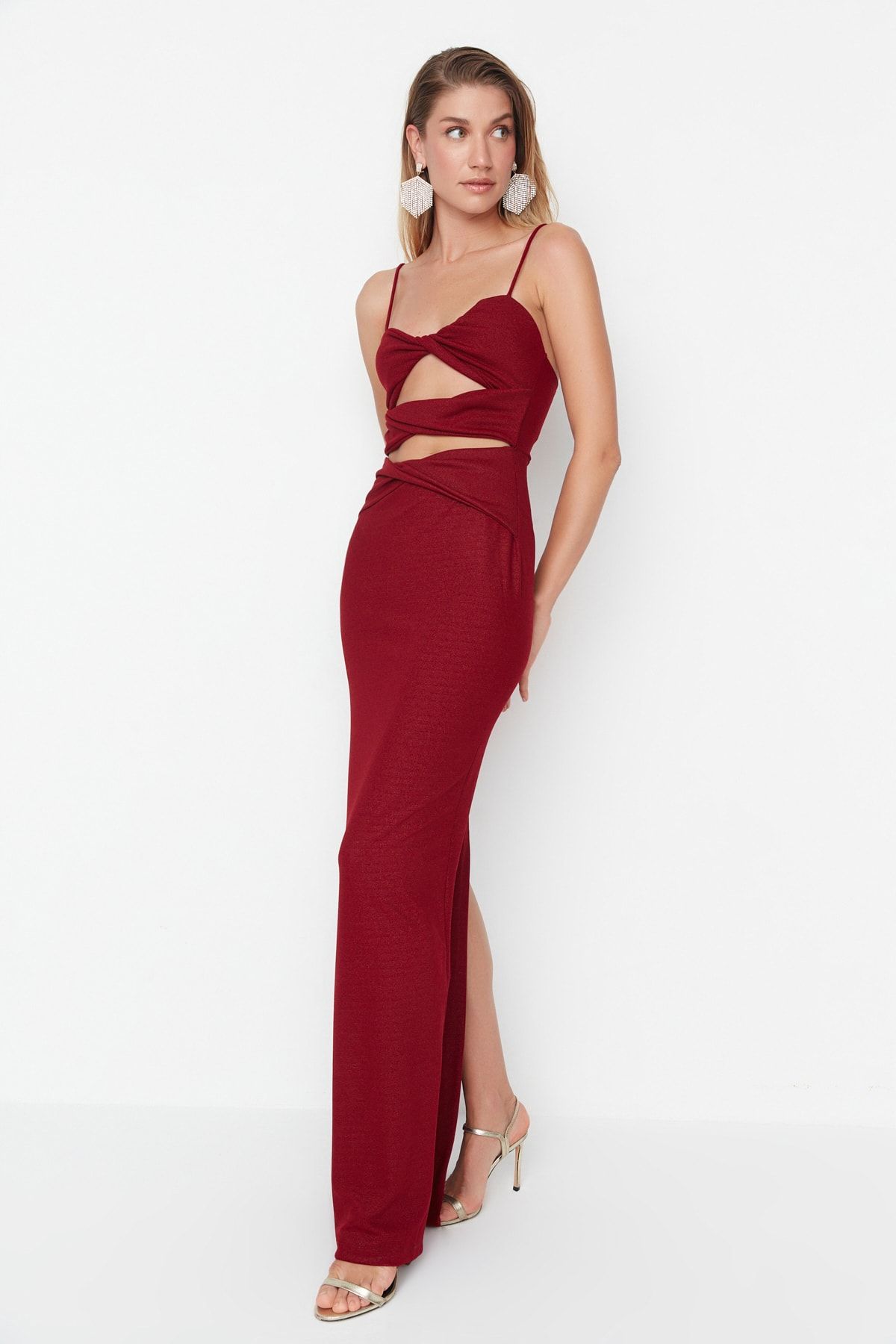 Trendyol Collection-Burgundy Detailed Evening Dress & Graduation Dress TPRSS22AE0035 2