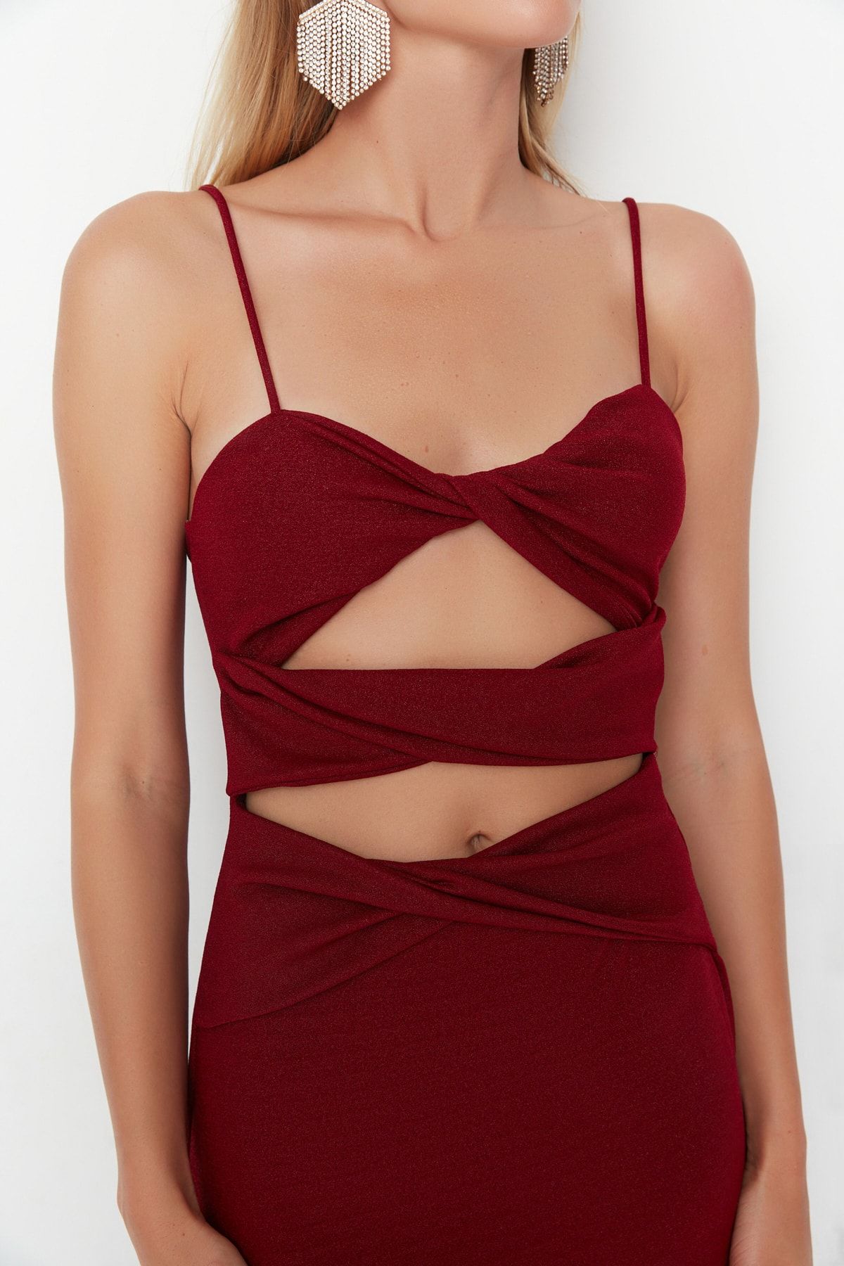 Trendyol Collection-Burgundy Detailed Evening Dress & Graduation Dress TPRSS22AE0035 4