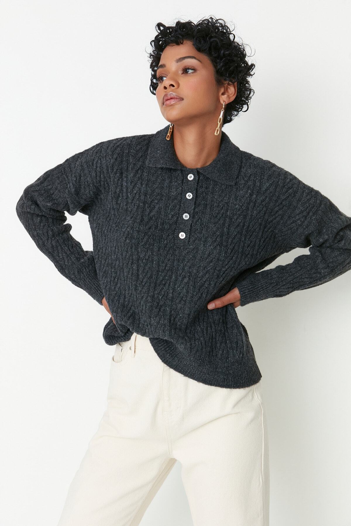 Trendyol Collection-Pulover din tricotaje cu textura moale, antracit, cu ajustare largă TWOAW21KZ2635 3