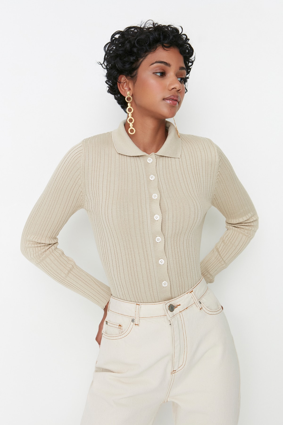 Trendyolmilla  Taş Merserize Görünümlü Fitilli Polo Yaka Triko Hırka TWOAW20HI0070 - Görsel 2