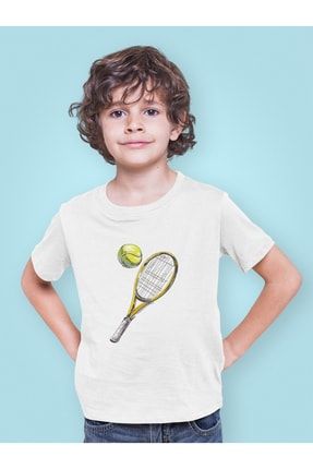 Tenis Serisi 2 Raket Ve Top Baskılı Çocuk Tişört Beyaz Unisex Hediye Doğum Günü Hediyesi T-shirt TYC00462801946